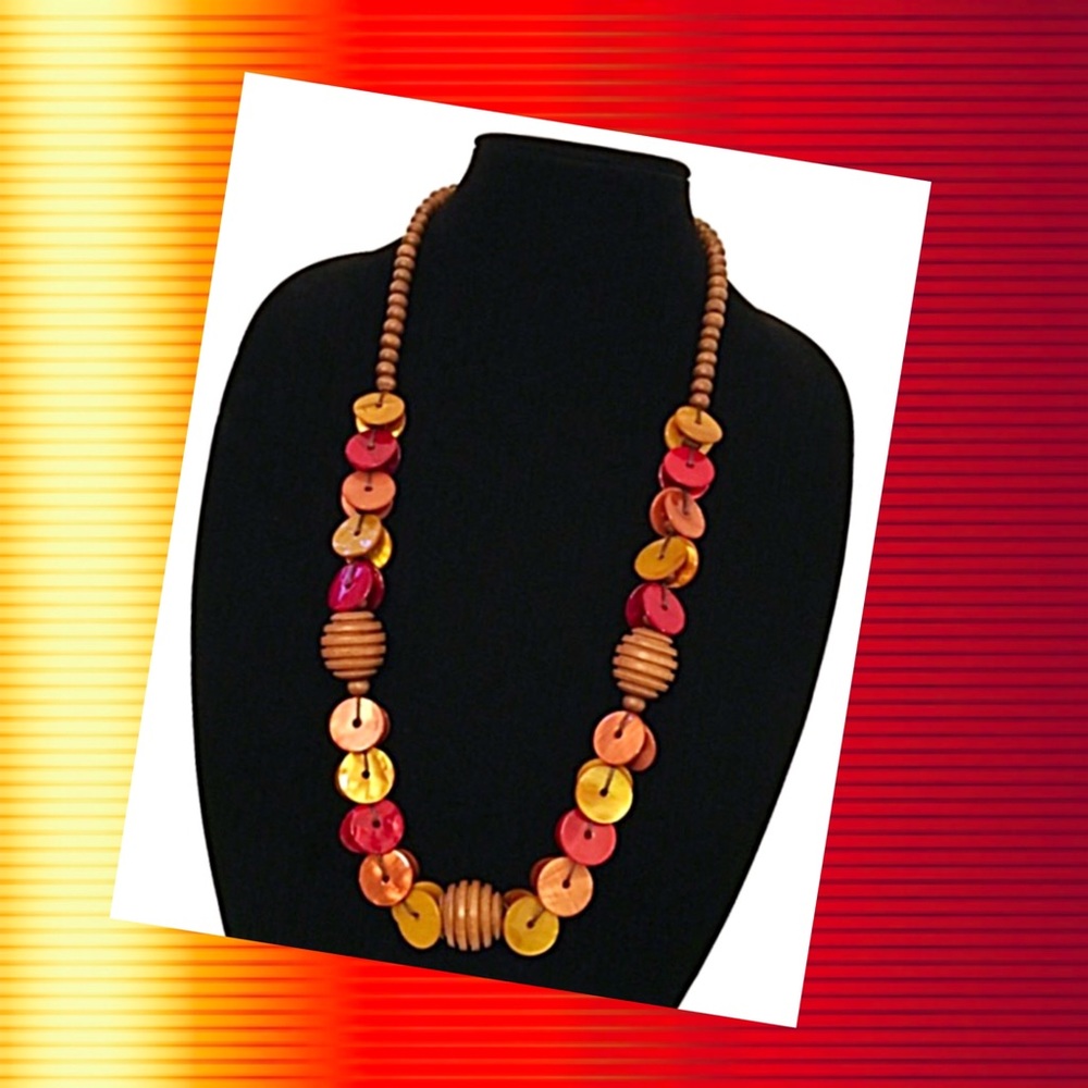 Long Yellow & Red Wood Beaded Tribal Boho Necklace
